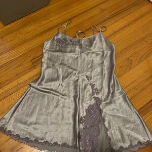 Elegant Gray Satin Slip Dress with Lace Detail